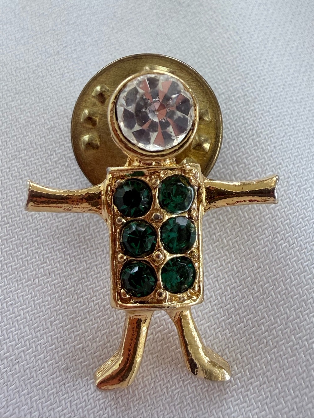 Vintage K.I.S. Gold Tone with Clear & Green Rhinestones Boy. USA K.I.S. Hallmark